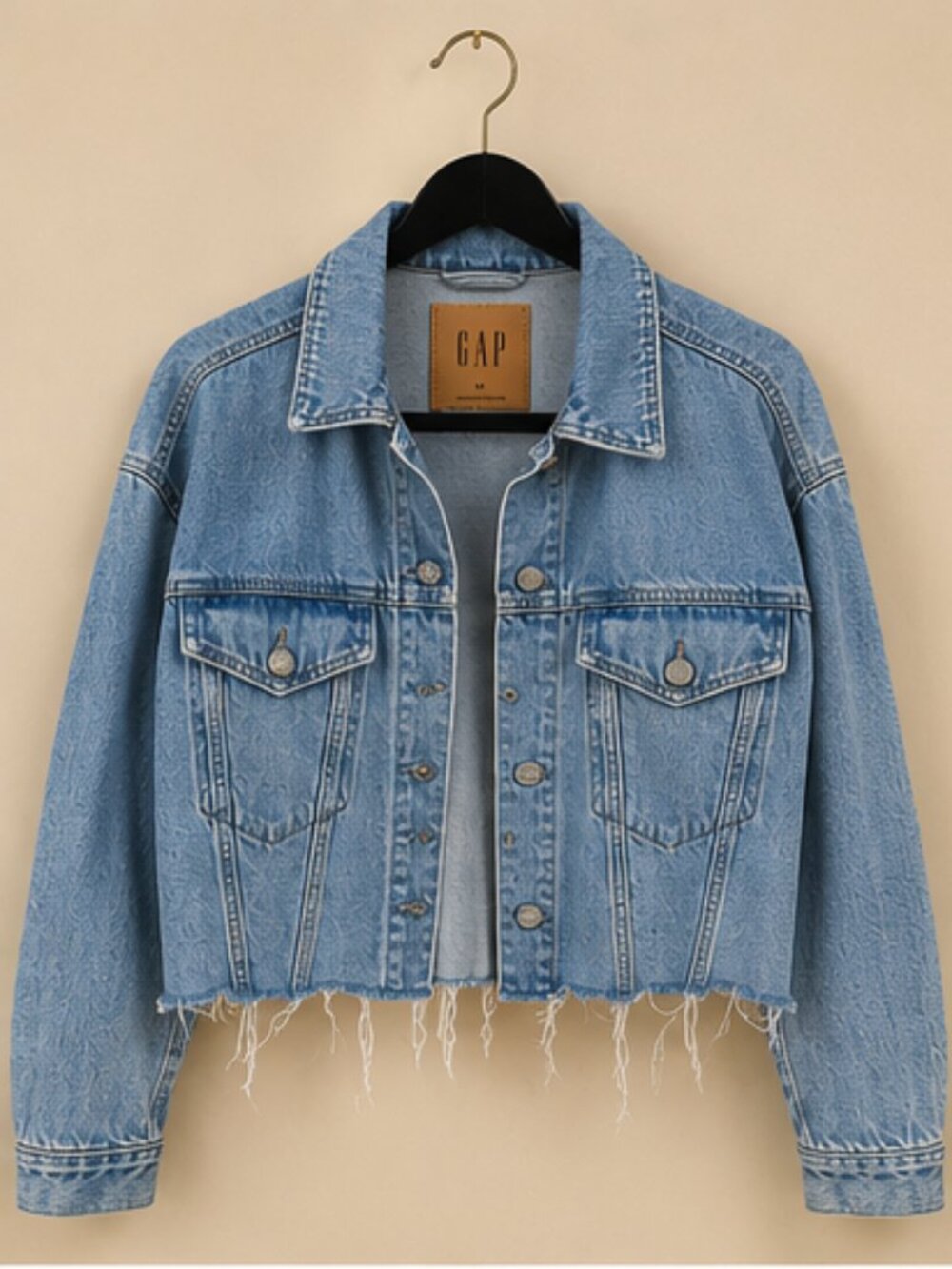 GAP Ultrasoft Denim Cropped Frayed Hem Jean Jacket Medium NWT